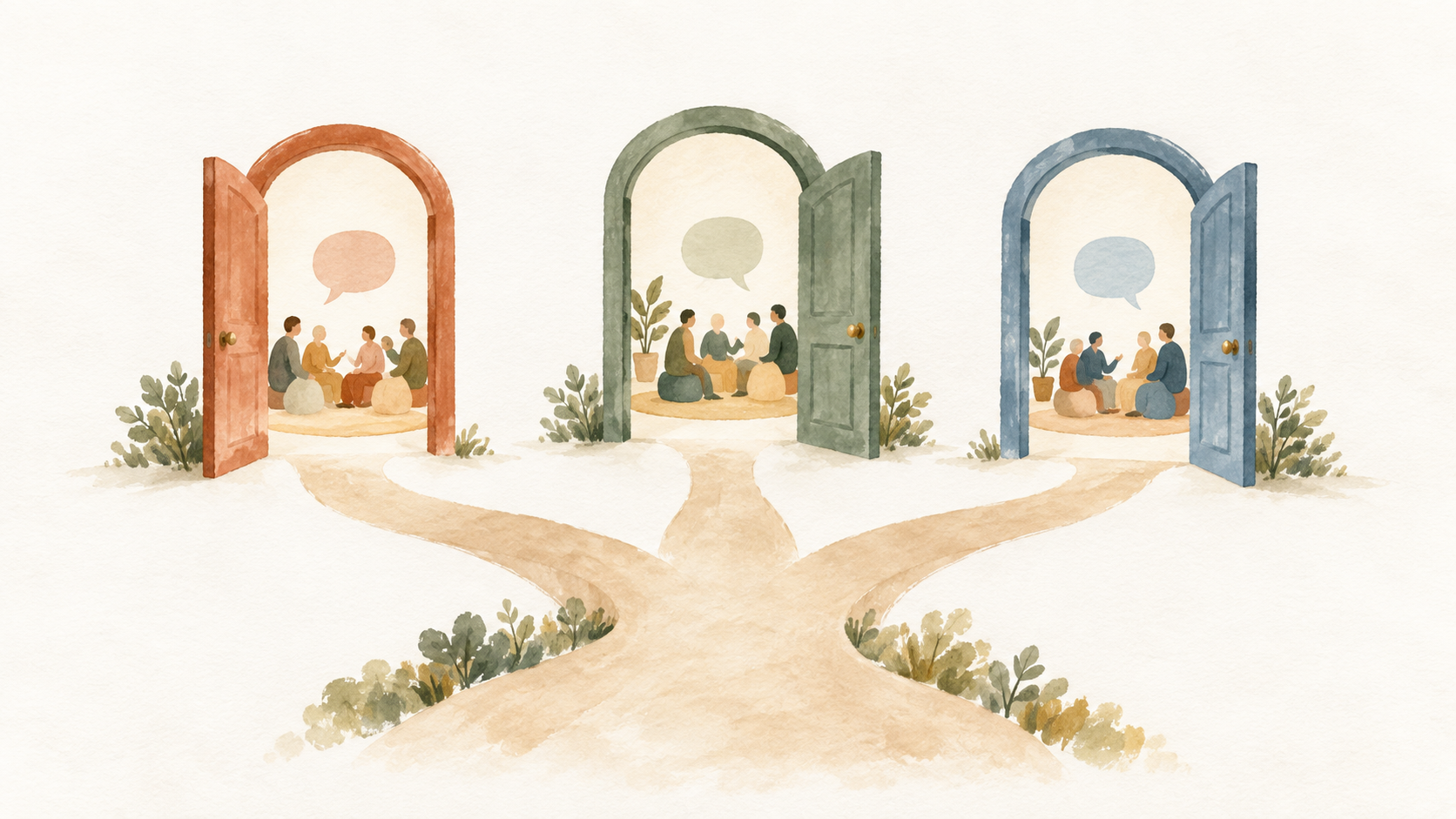 Watercolor illustration of three open doors leading to different customer communities.