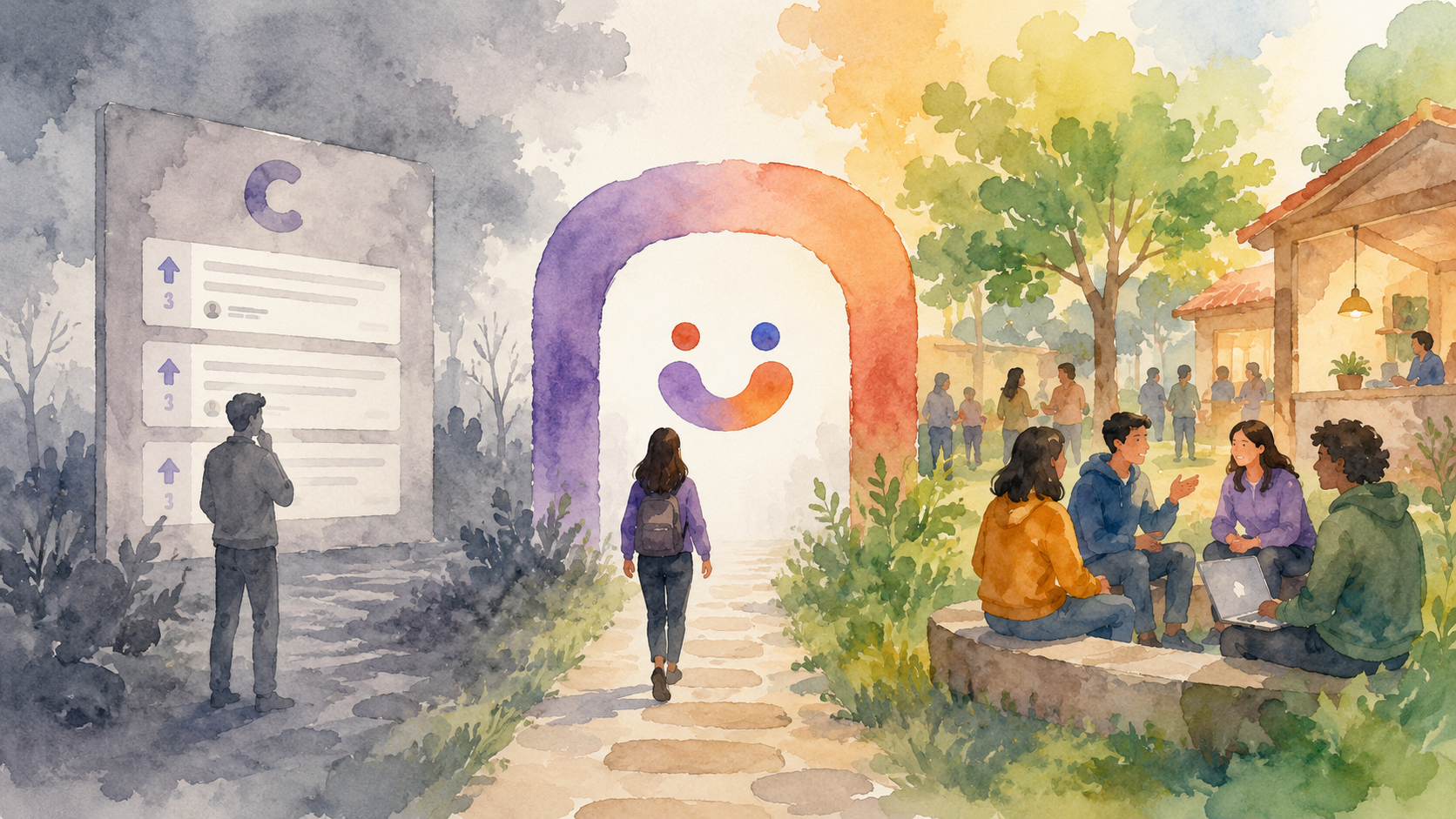 Watercolor comparison showing users walking away from a standalone Canny feedback board into a bright Jatra community space