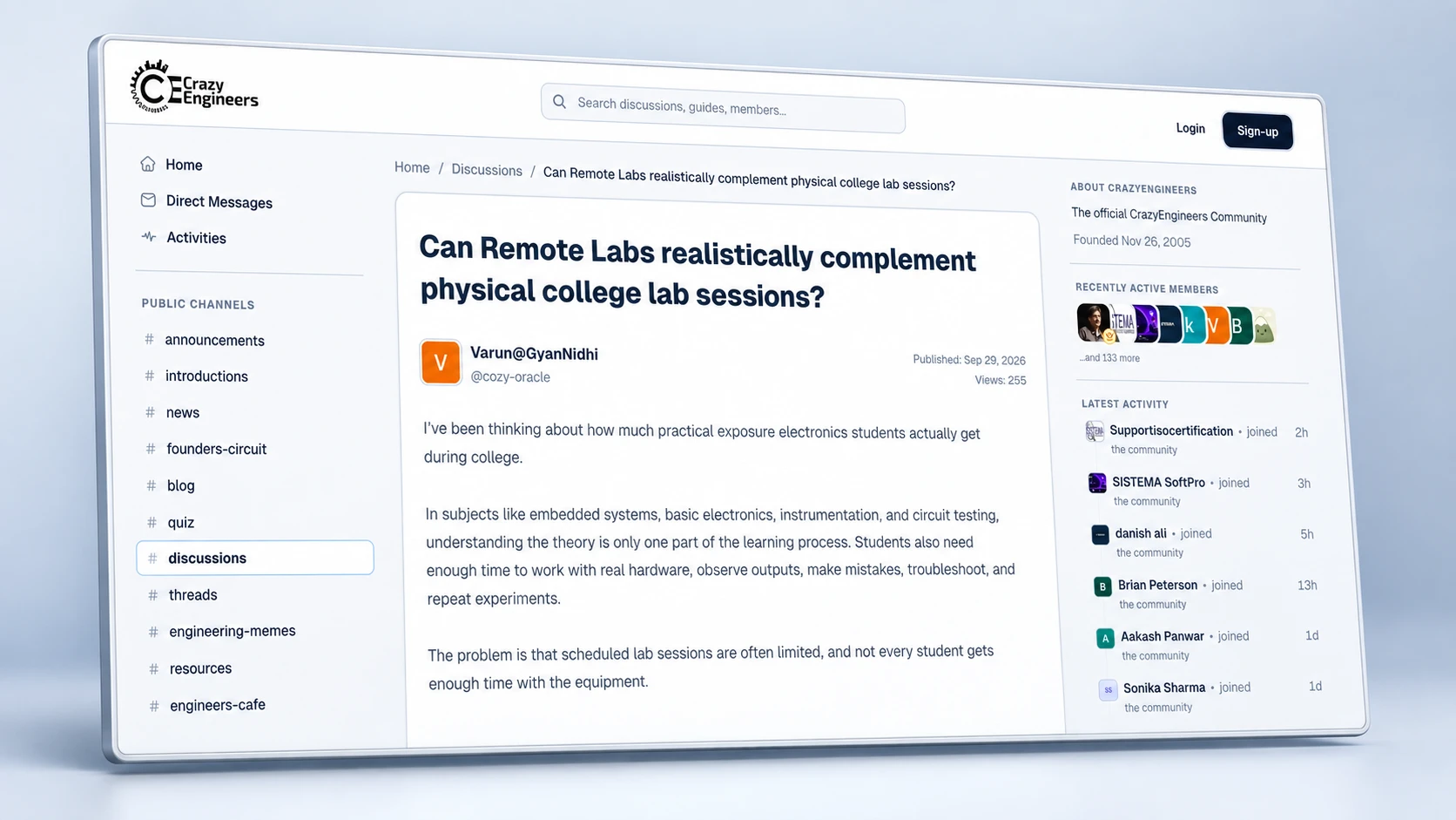 3D perspective view of a public CrazyEngineers discussion about remote college labs, with Login and Sign-up controls.