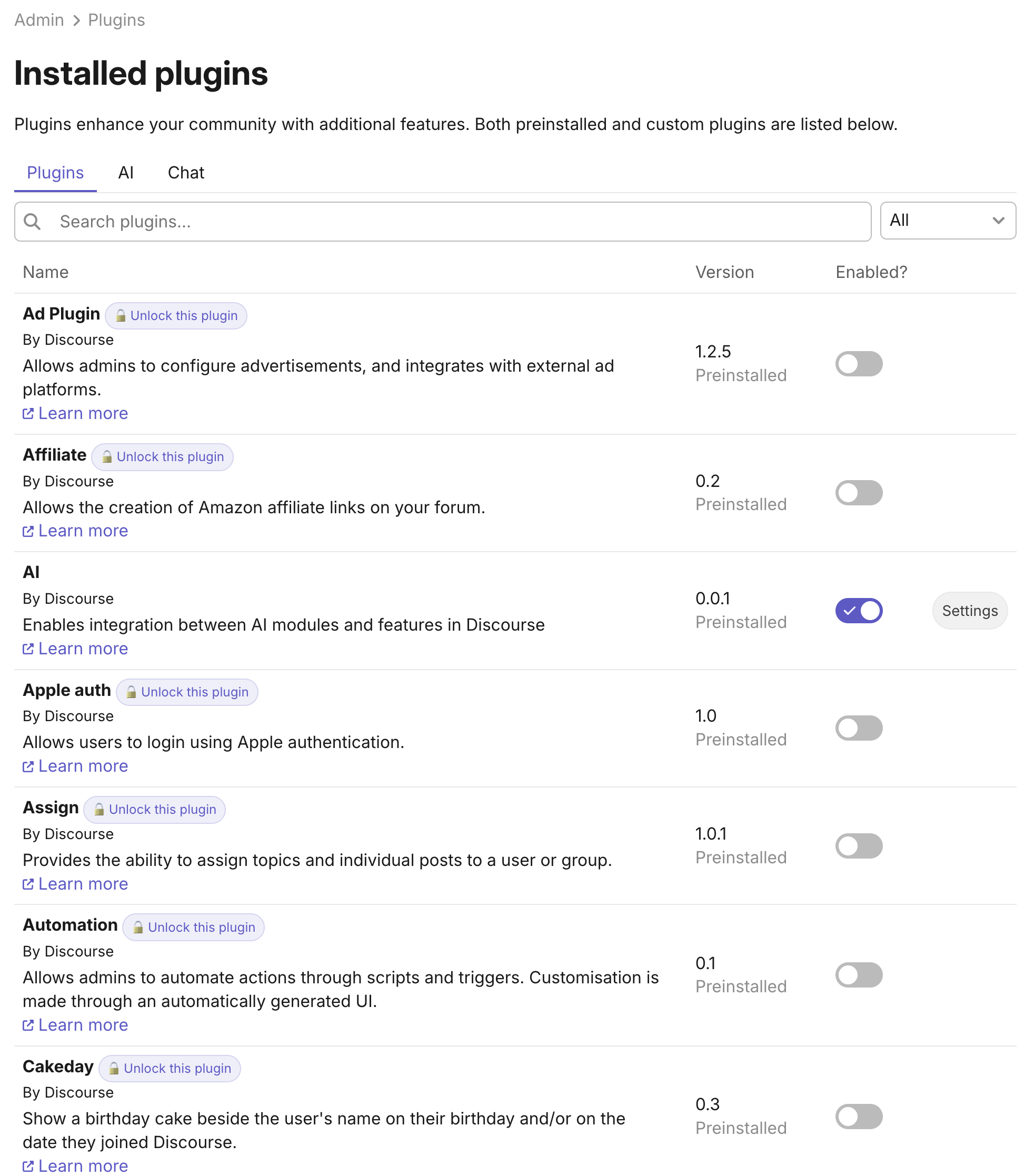 Discourse installed plugins admin page showing preinstalled plugins, locked plugin labels, plugin versions, and enabled toggles.