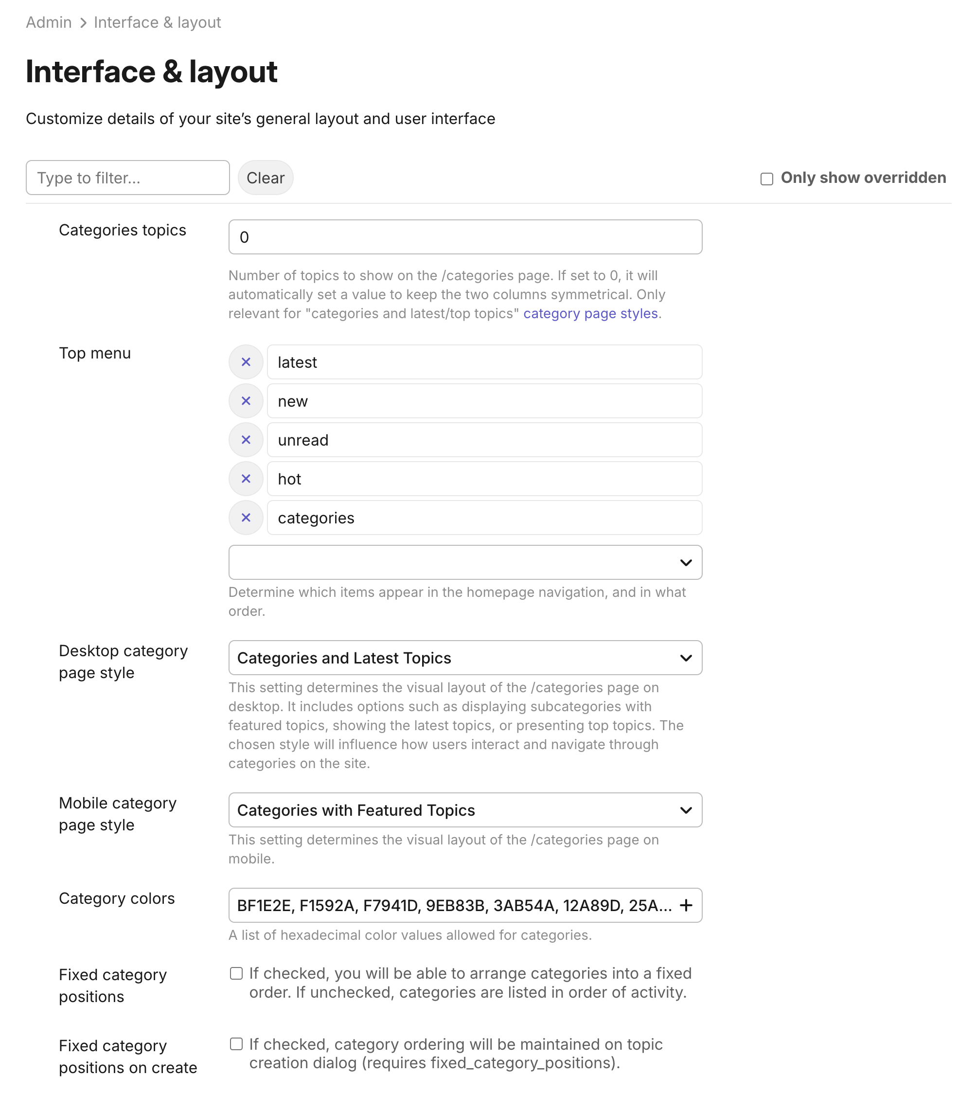 Discourse admin interface and layout settings page showing filter search, top menu options, category page style controls, and category color settings.