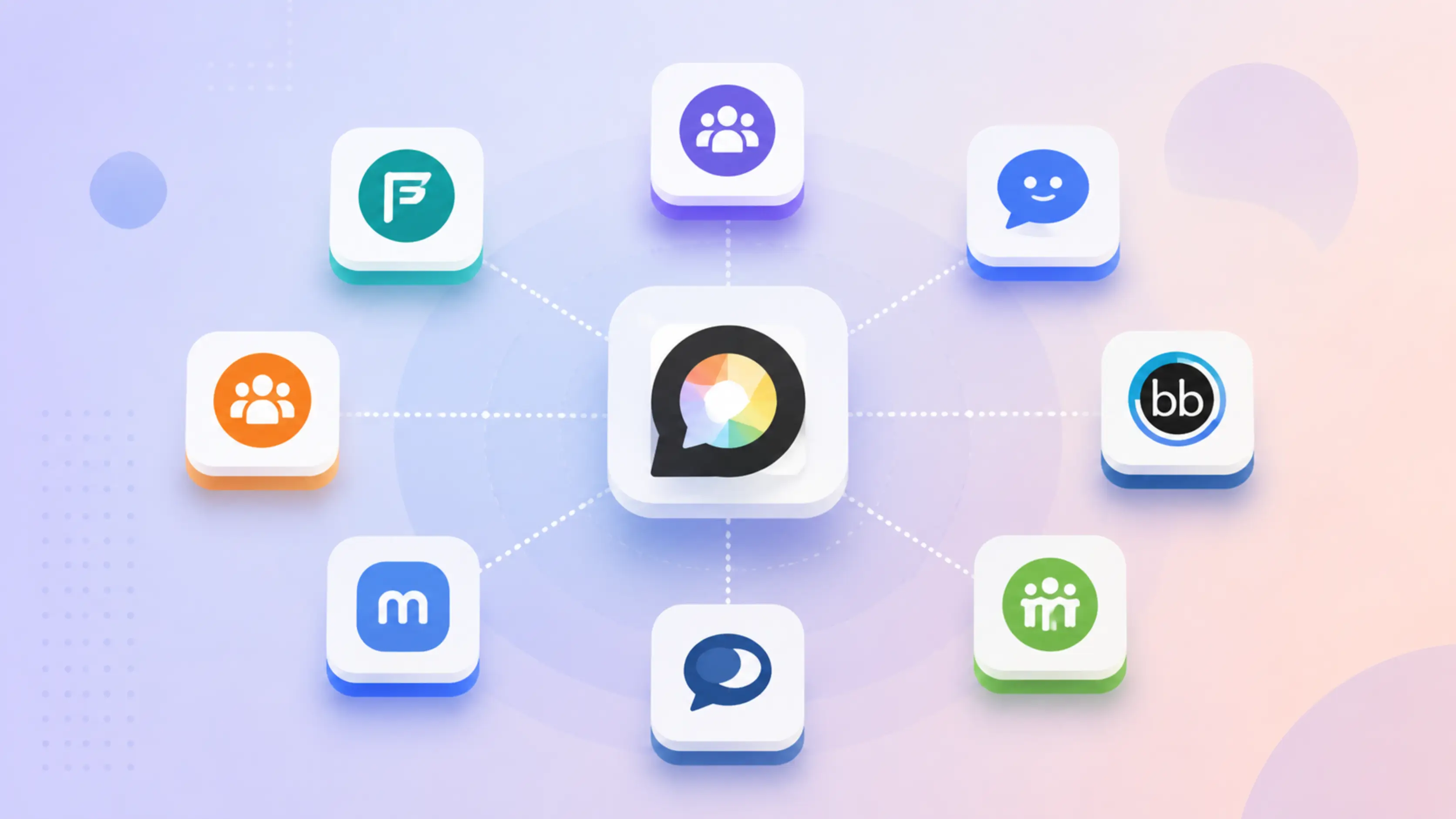 Discourse alternatives comparison graphic with a central community platform icon connected to other community software options
