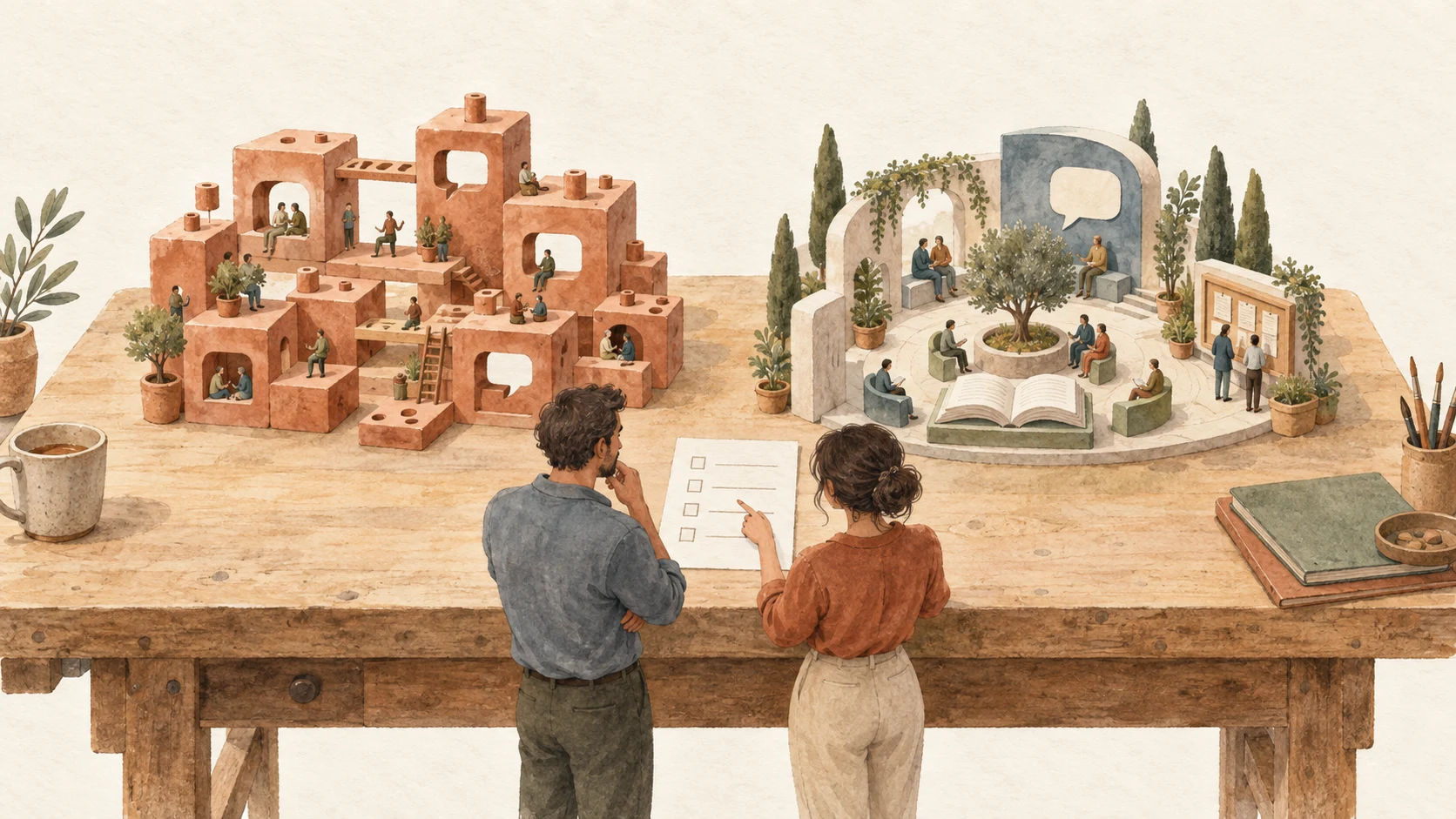 Watercolor illustration of two people comparing modular discussion spaces and a customer community courtyard