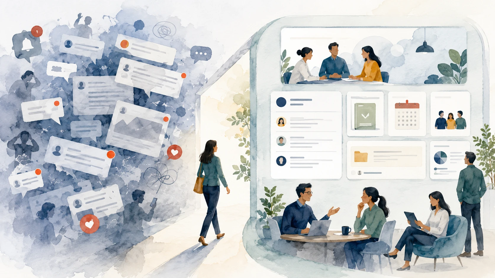 Illustration of a business community moving from a closed Facebook feed to an open, searchable community on its own domain