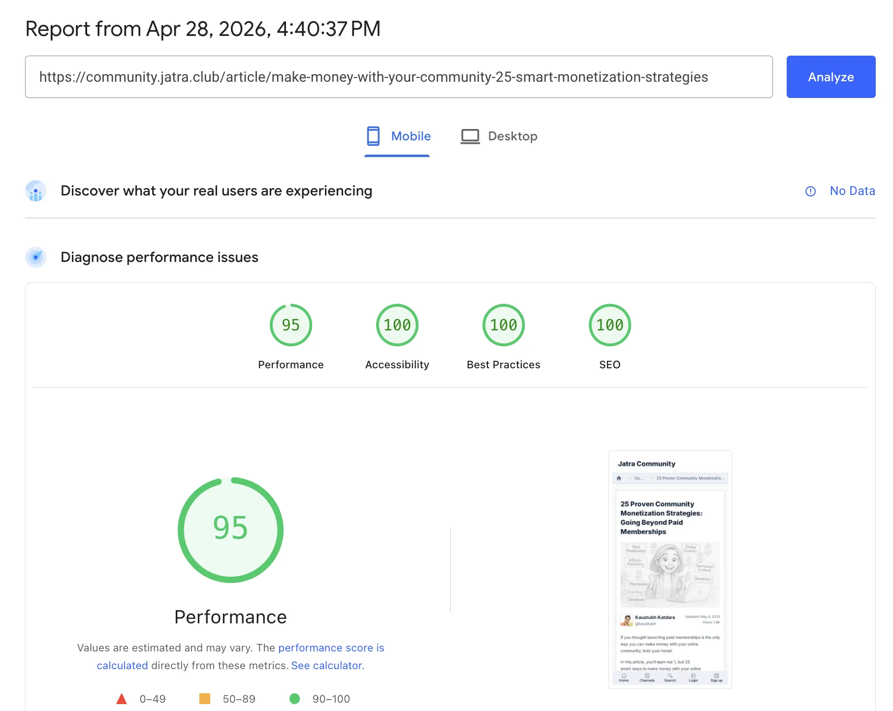 Google PageSpeed Insights mobile report for a Jatra community article with an image and about 16 detailed replies showing 95 Performance, 100 Accessibility, 100 Best Practices, and 100 SEO