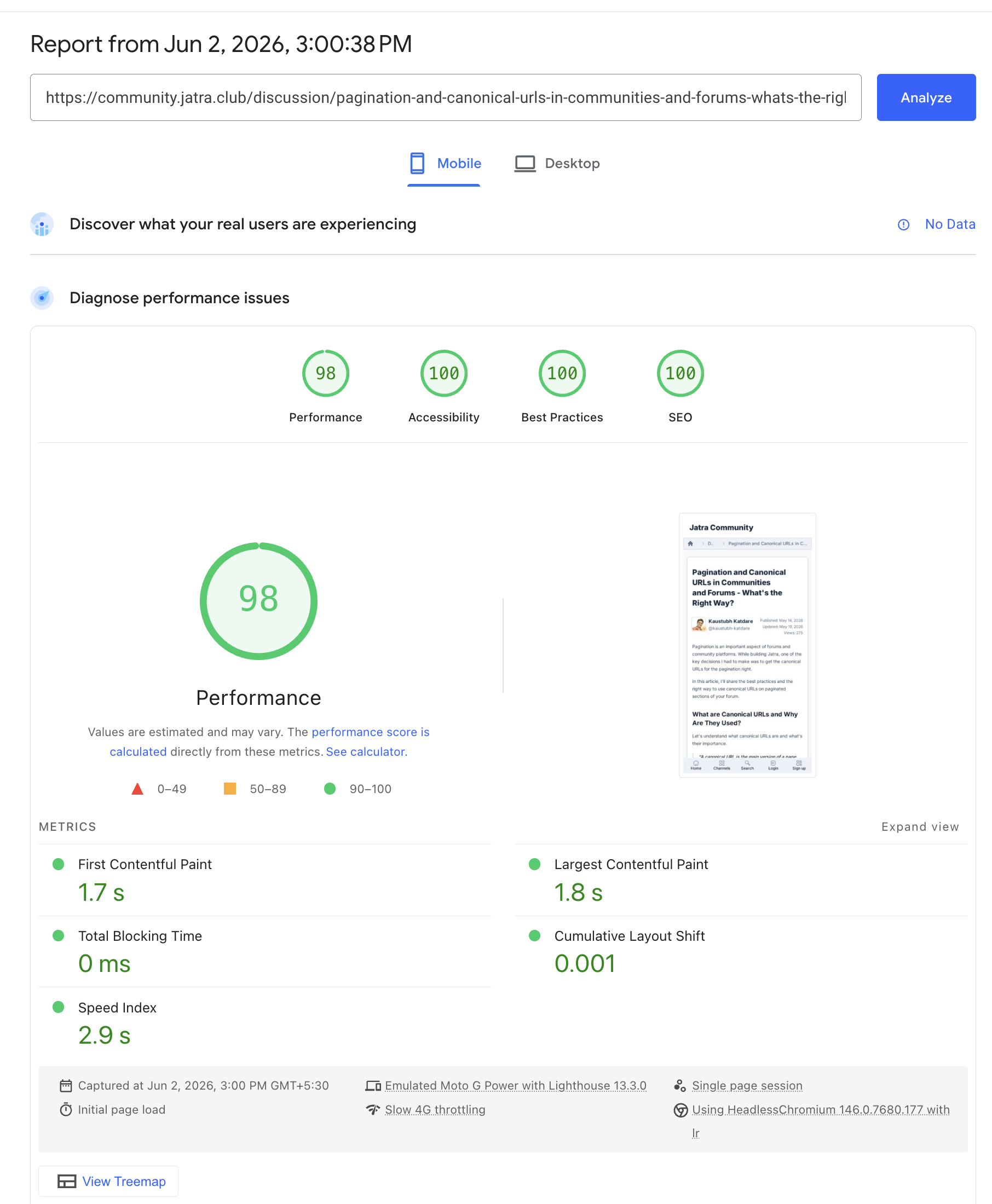 PageSpeed Insights mobile report for a Jatra community discussion showing 98 Performance, 100 Accessibility, 100 Best Practices, 100 SEO, 1.7 second first contentful paint, 1.8 second largest contentful paint, 0 millisecond total blocking time, and 0.001 cumulative layout shift.
