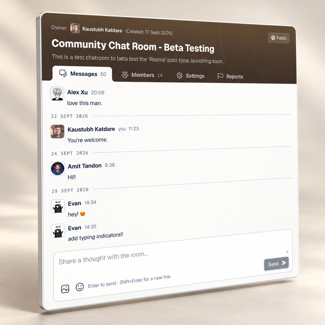 3D perspective view of a Jatra community chat room with dated member messages, 14 members and a message composer.