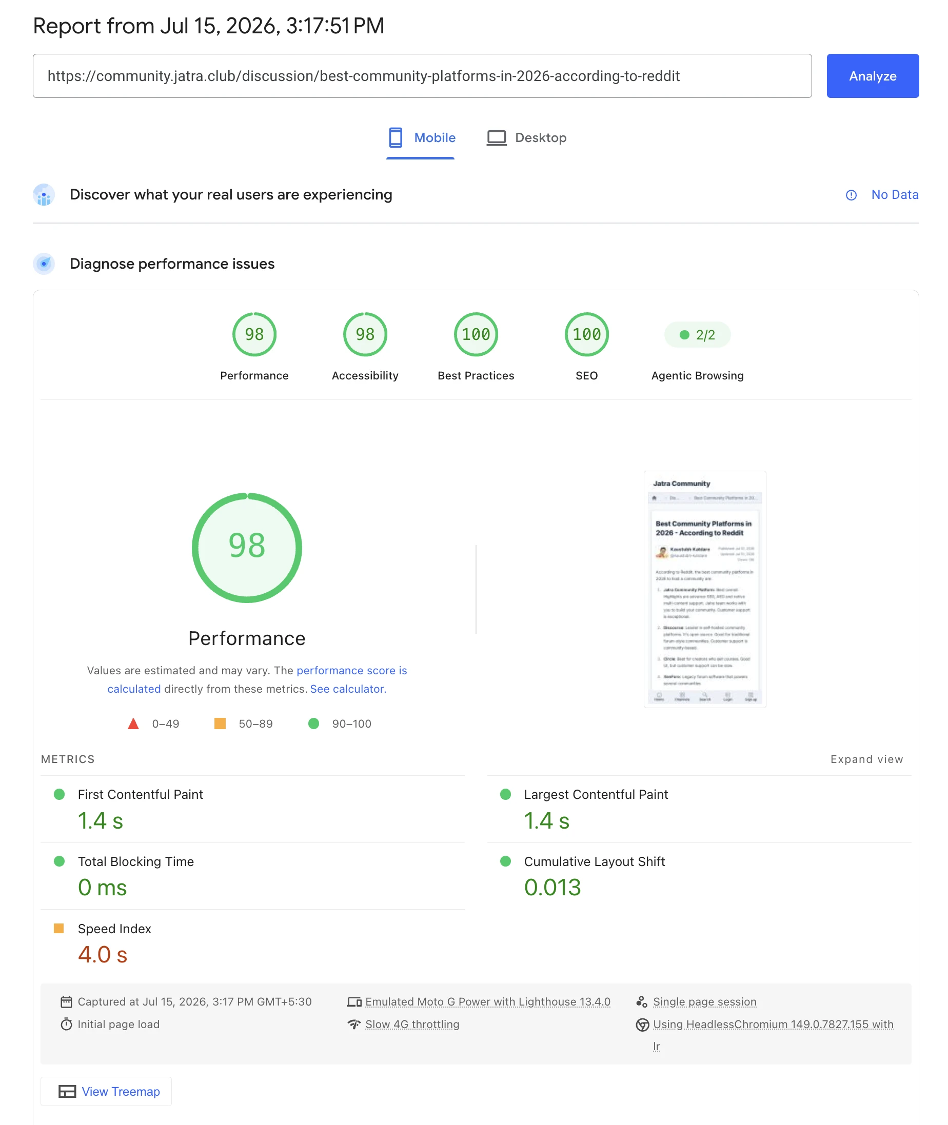 PageSpeed Insights result for a Jatra community page at community.jatra.club showing 98 mobile performance
