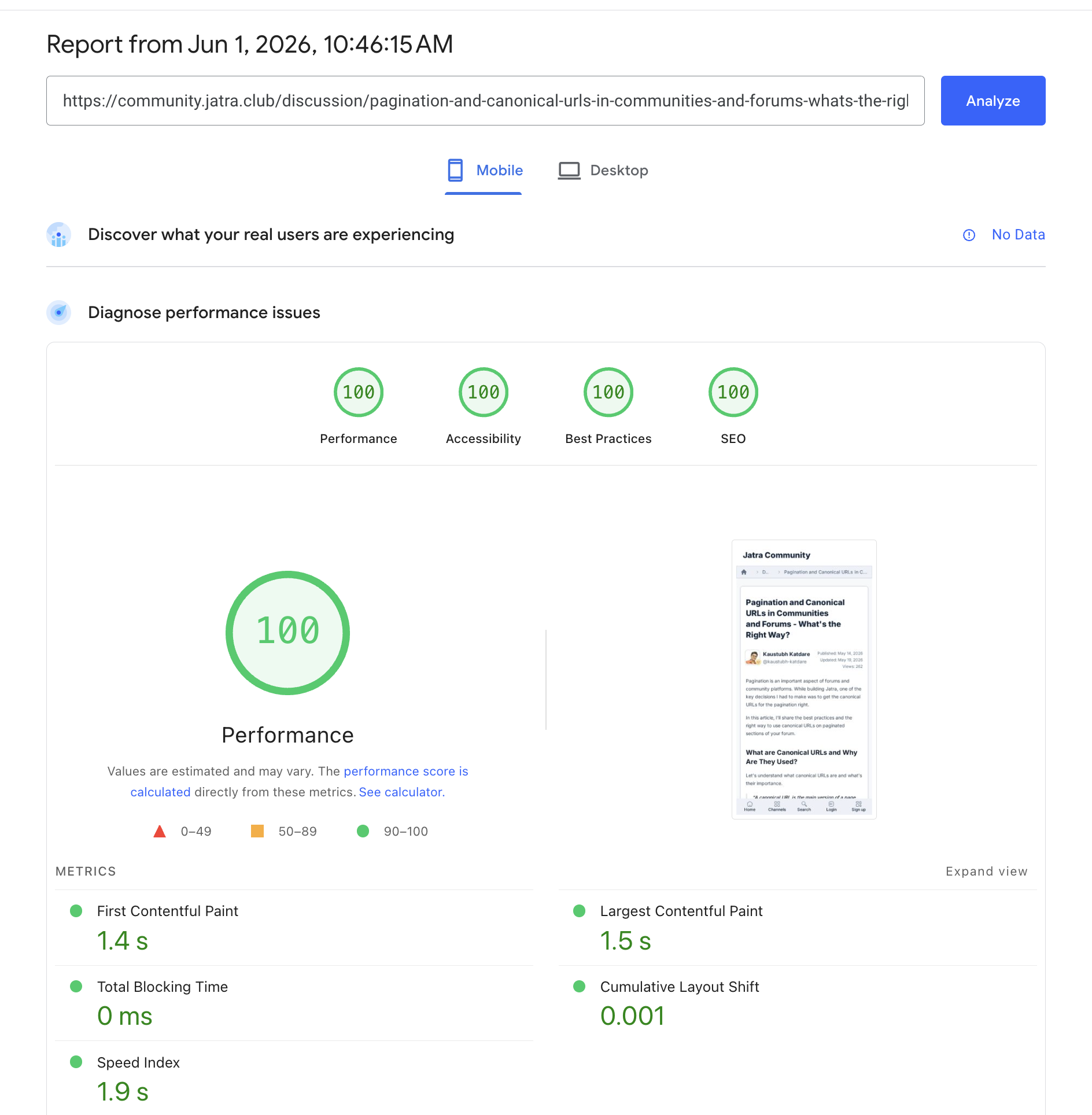 PageSpeed Insights mobile report for a Jatra community discussion showing 100 Performance, 100 Accessibility, 100 Best Practices, 100 SEO, 1.4 second FCP, 1.5 second LCP, 0 millisecond total blocking time, and 0.001 CLS.