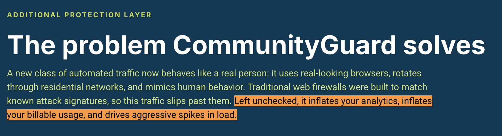 Khoros CommunityGuard page highlighting that unchecked automated traffic inflates billable usage.
