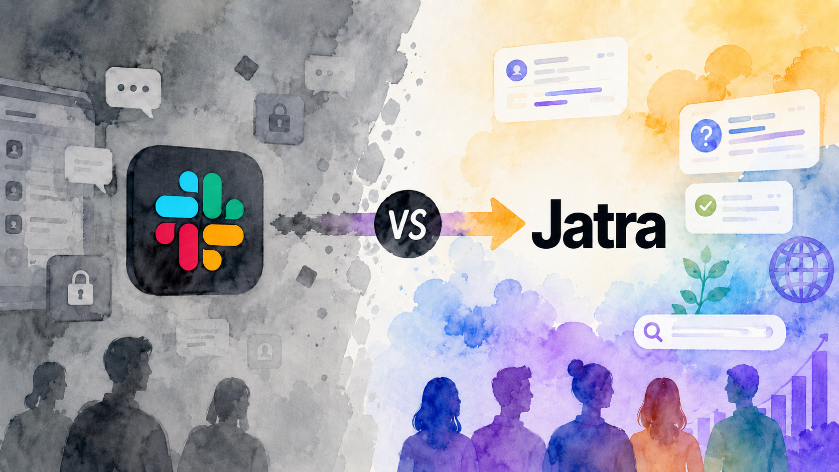 Watercolor comparison showing Slack chat fading into a searchable Jatra community platform