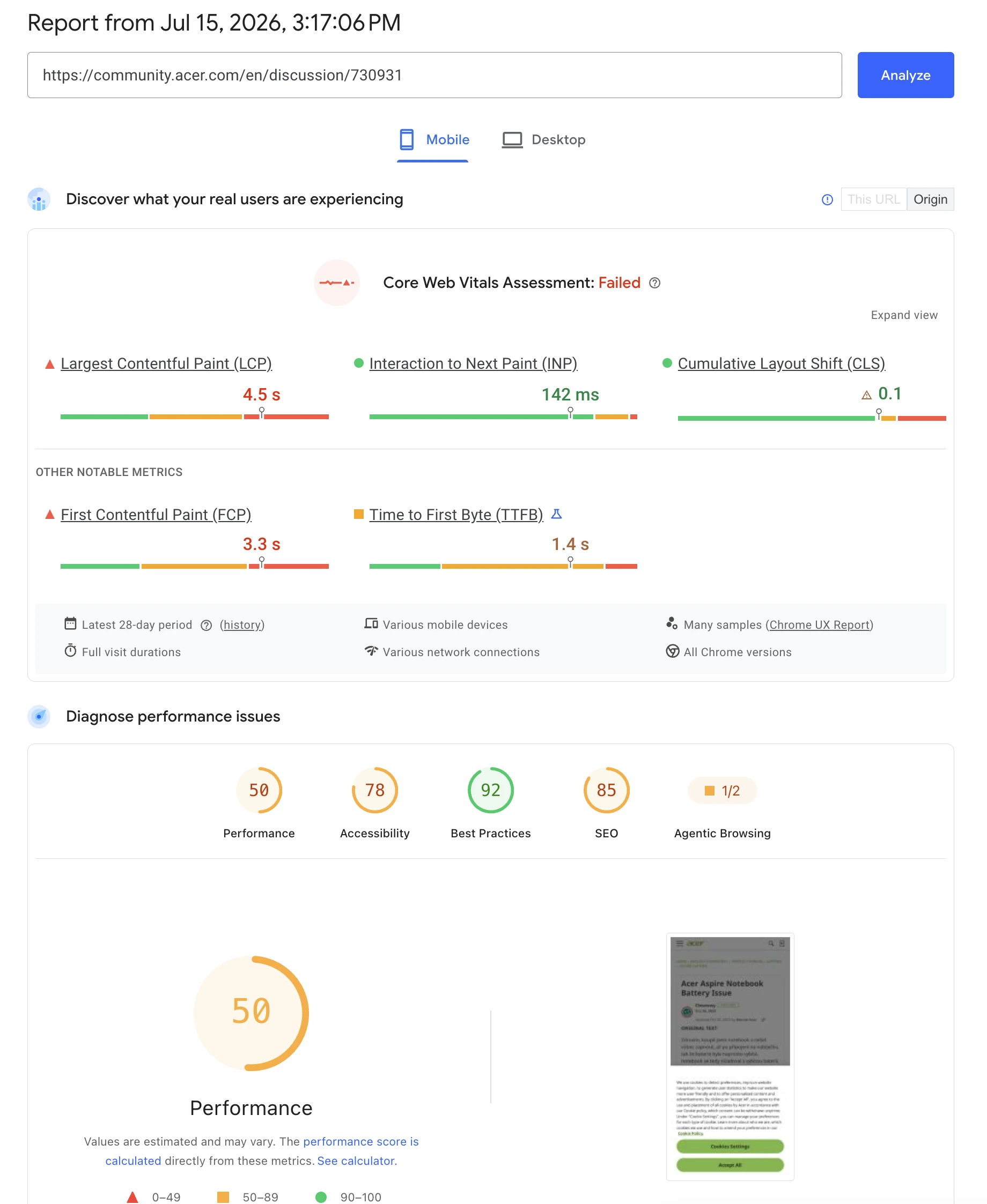 PageSpeed Insights result for a Vanilla Forums community at community.acer.com showing failed Core Web Vitals