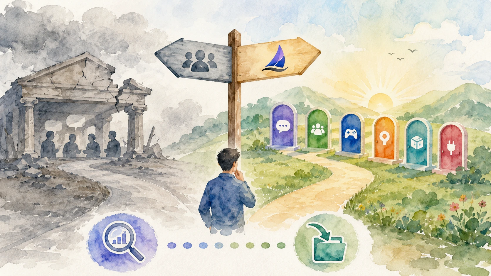 Watercolor illustration of a founder leaving an aging Vanilla Forums building and choosing a brighter Jatra migration path