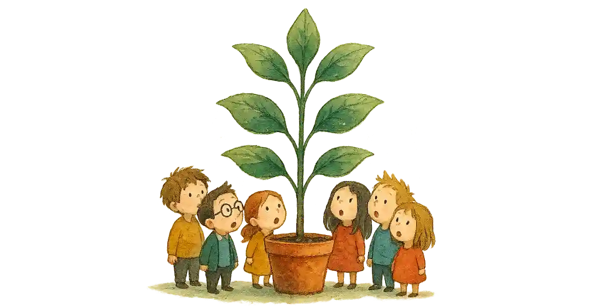 Kids watching a tall plant growing in a pot