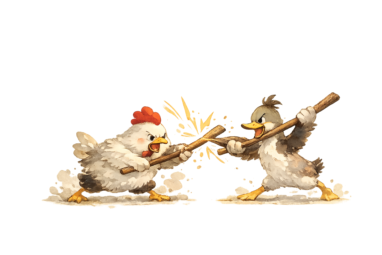 A chicken and a duck in a dramatic stick duel — the absurdity of performative growth