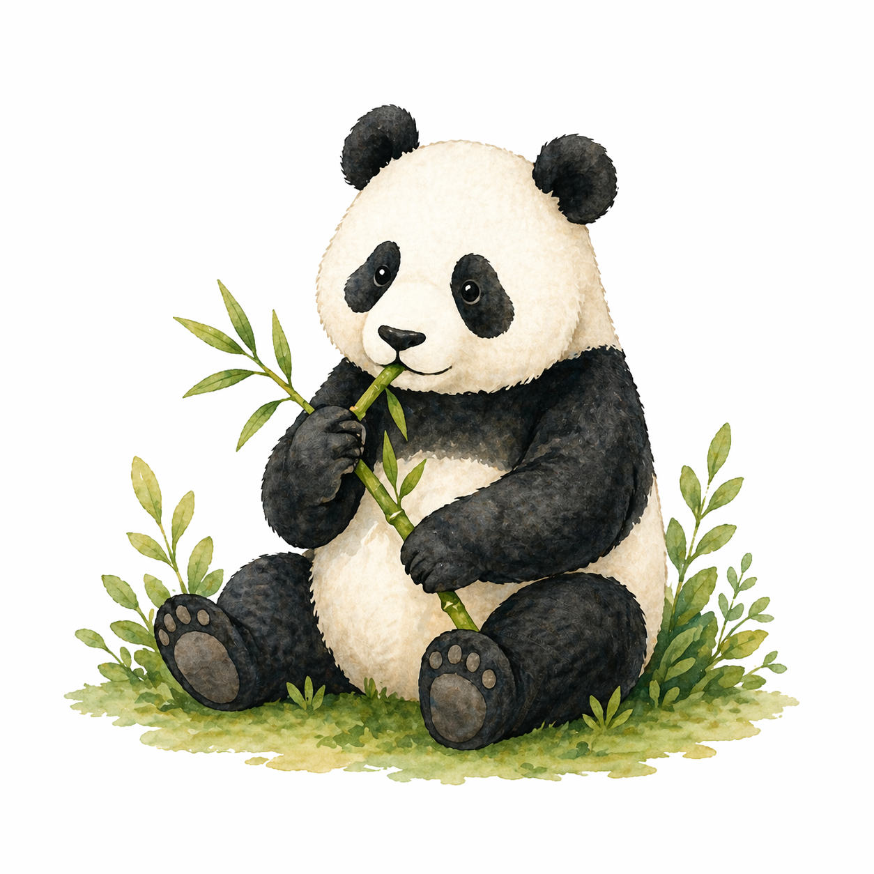 A watercolor panda calmly eating bamboo — calm, focused work