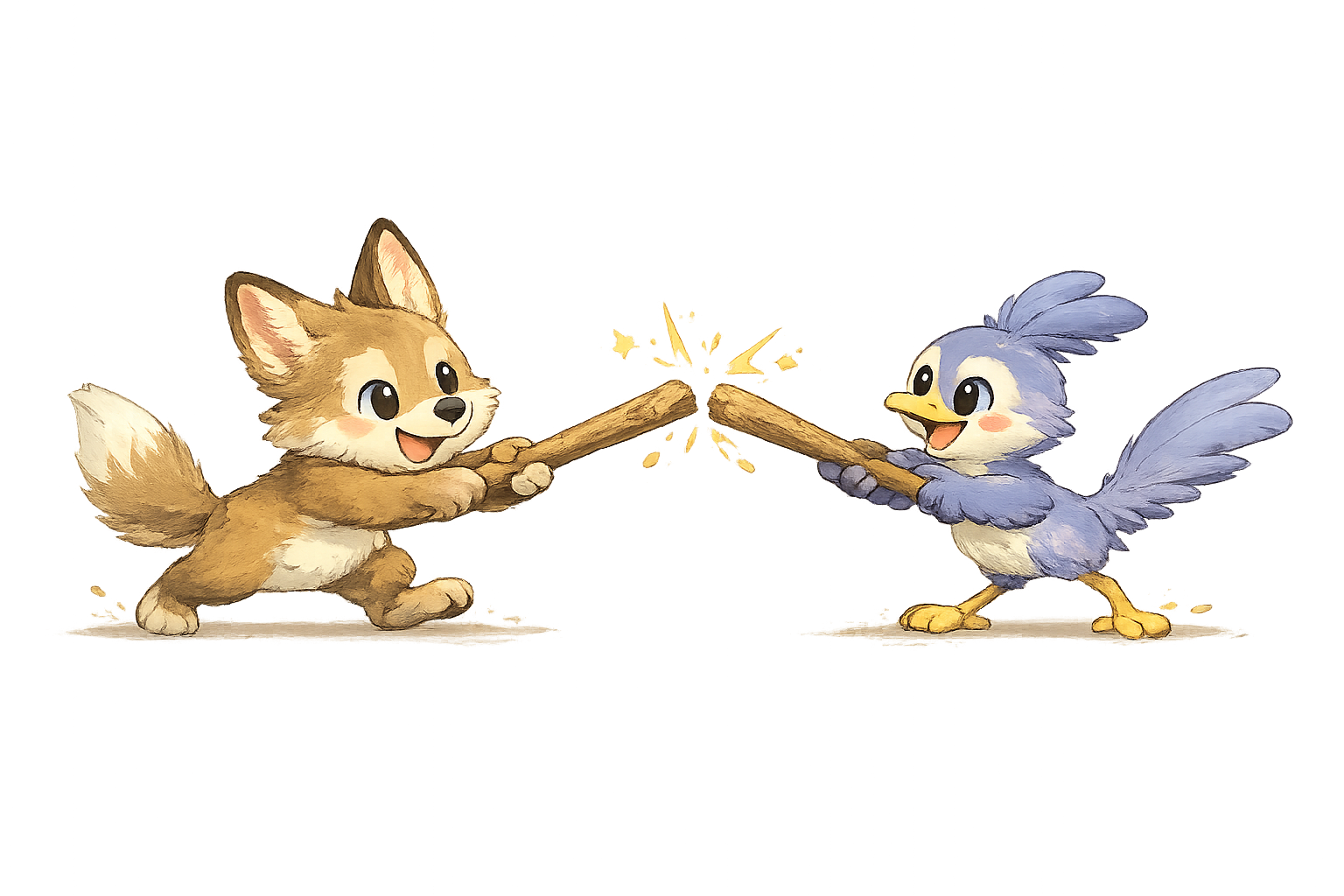 A fox and a bluebird sparring — the operator left to fend alone