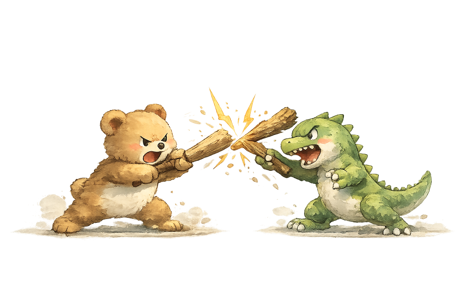 A bear and a dinosaur locked in a good-natured duel — the scars of learning what breaks