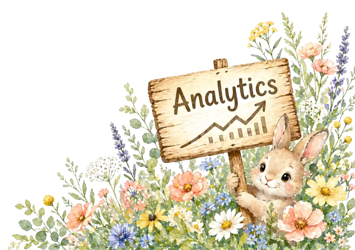 A watercolour rabbit holding an Analytics signpost with a rising chart, surrounded by flowers.