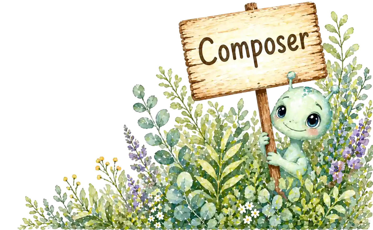 A watercolour scene representing composer, editor, and media — a quiet writing meadow.