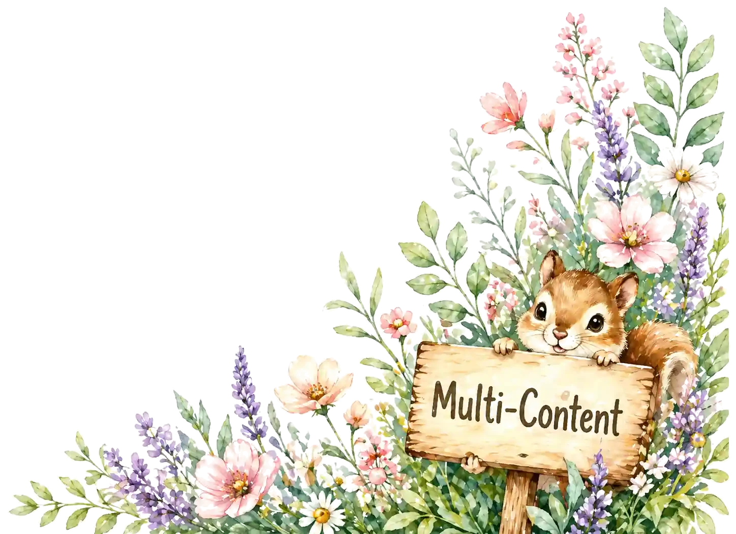 A watercolour squirrel holding a Multi-Content sign in a meadow of lavender and flowers.