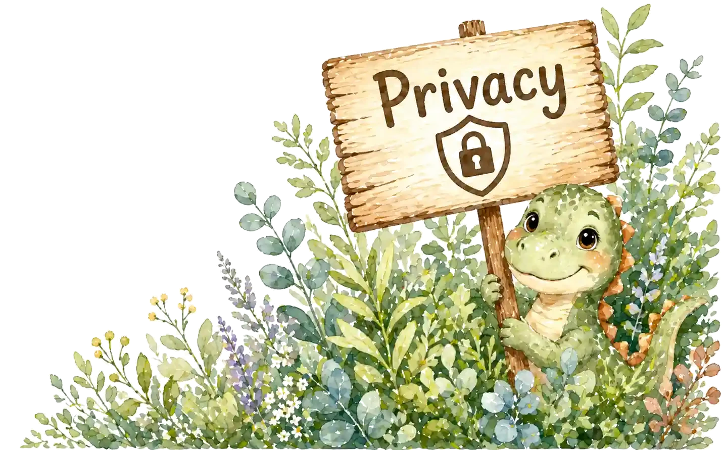 A watercolour scene representing privacy and access — quiet plants and shy creatures.