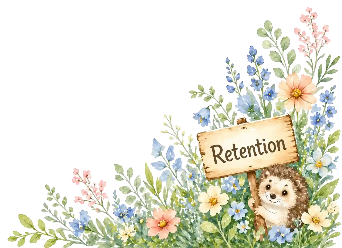 A watercolour scene representing engagement and retention — animals gathering in a meadow.