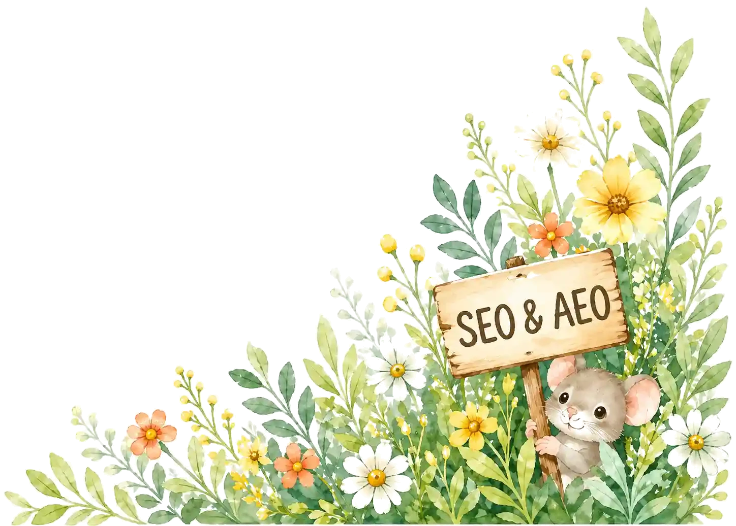 A watercolour mouse holding an SEO & AEO signpost in a meadow of flowers and greenery.