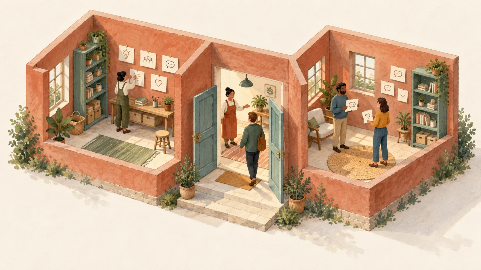 Cutaway illustration of a small community workshop being prepared and opened to its first visitors