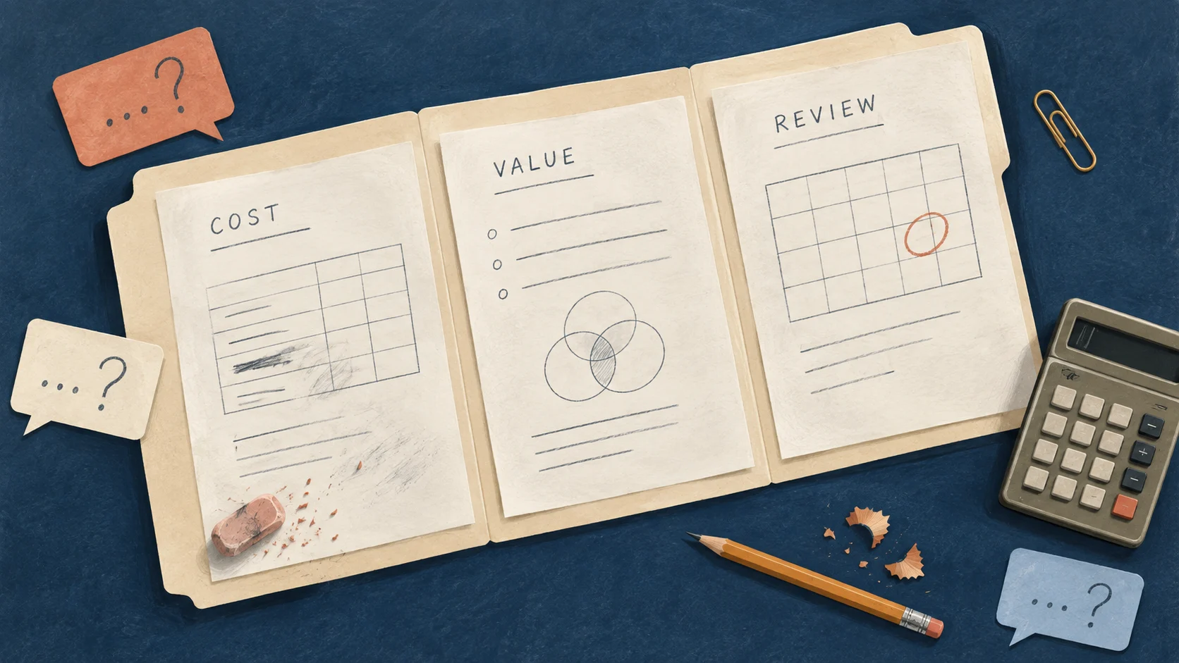 Overhead illustration of a community proposal with cost, value, and review sheets, customer-question cards, a pencil, and a calculator