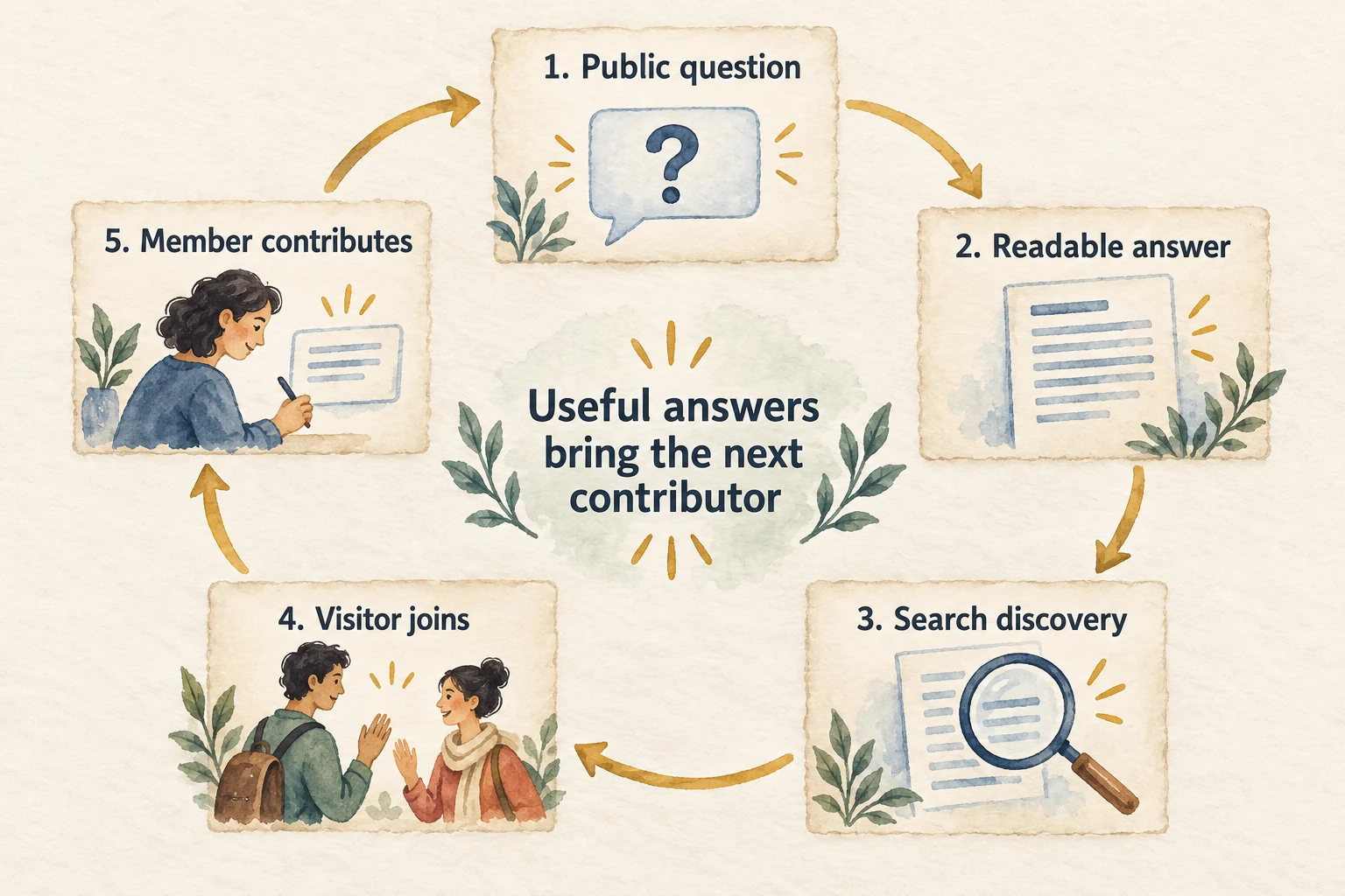 Community-led acquisition loop: a public question gets a readable answer, search brings a visitor, the visitor joins and contributes the next question.