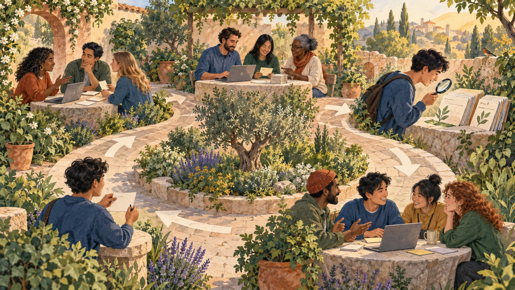 People asking, answering, discovering and contributing around a circular path in a garden courtyard