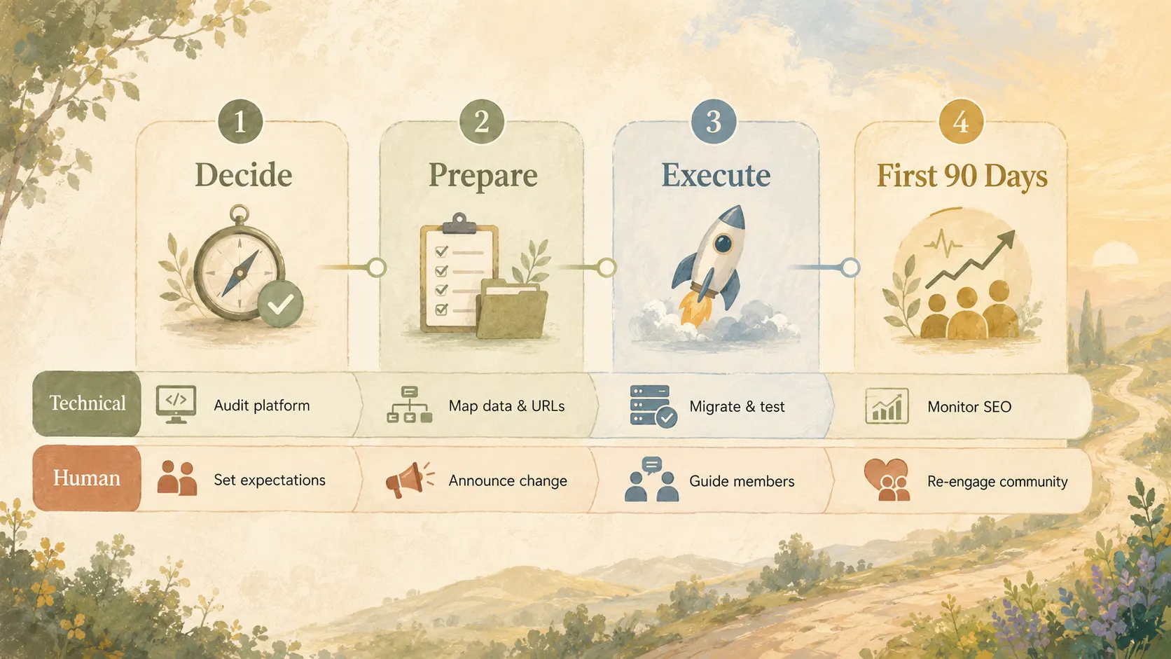 Community migration roadmap showing four phases, decide, prepare, execute, and first 90 days, across a technical track and a human track