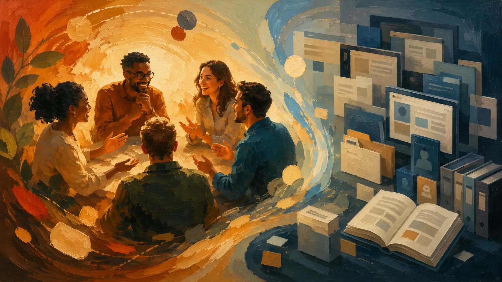 Illustration comparing a customer conversation with a structured knowledge base, help center, and customer portal