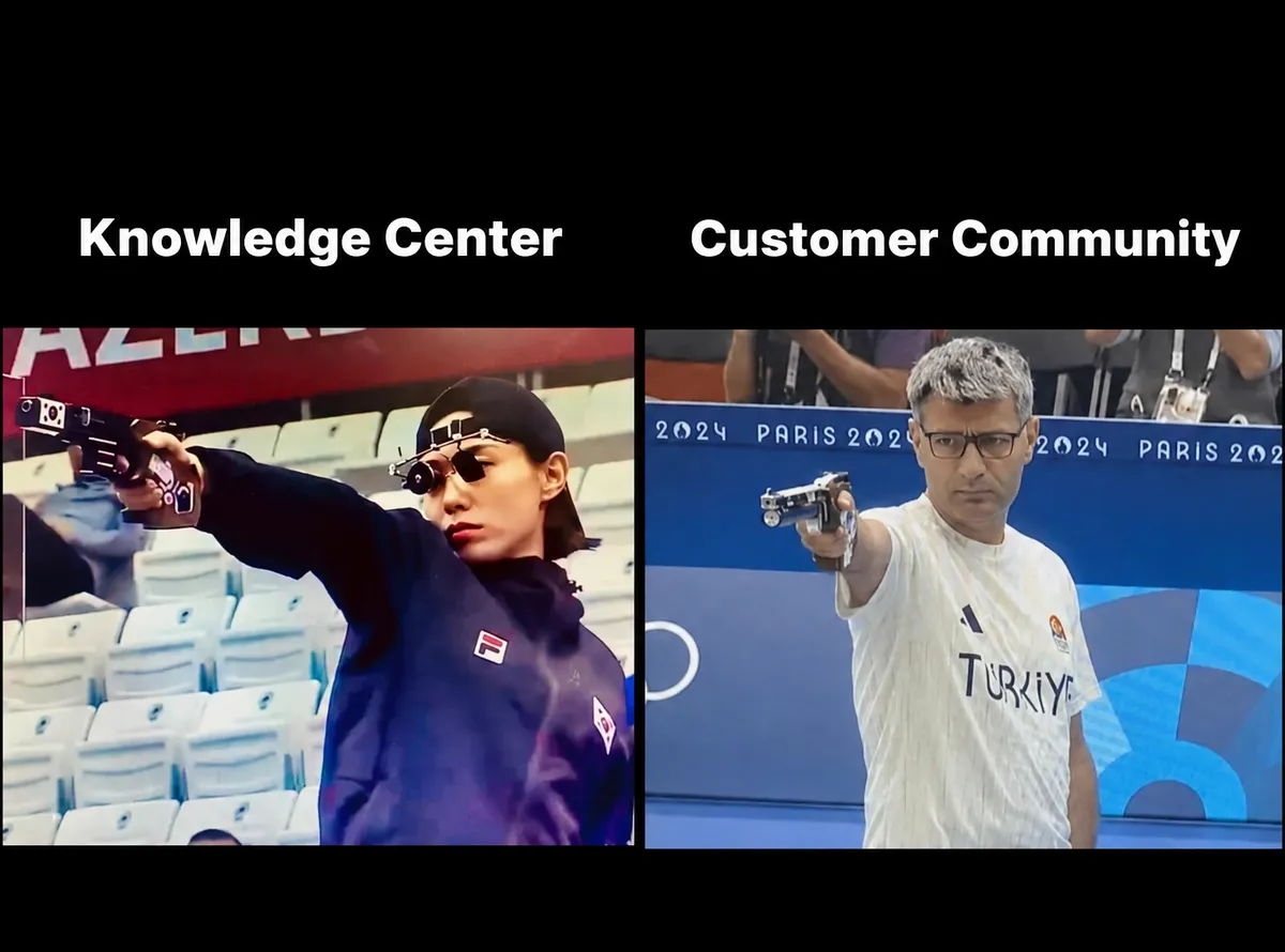 Meme comparing an equipment-heavy knowledge center with a relaxed customer community using two Olympic pistol shooters