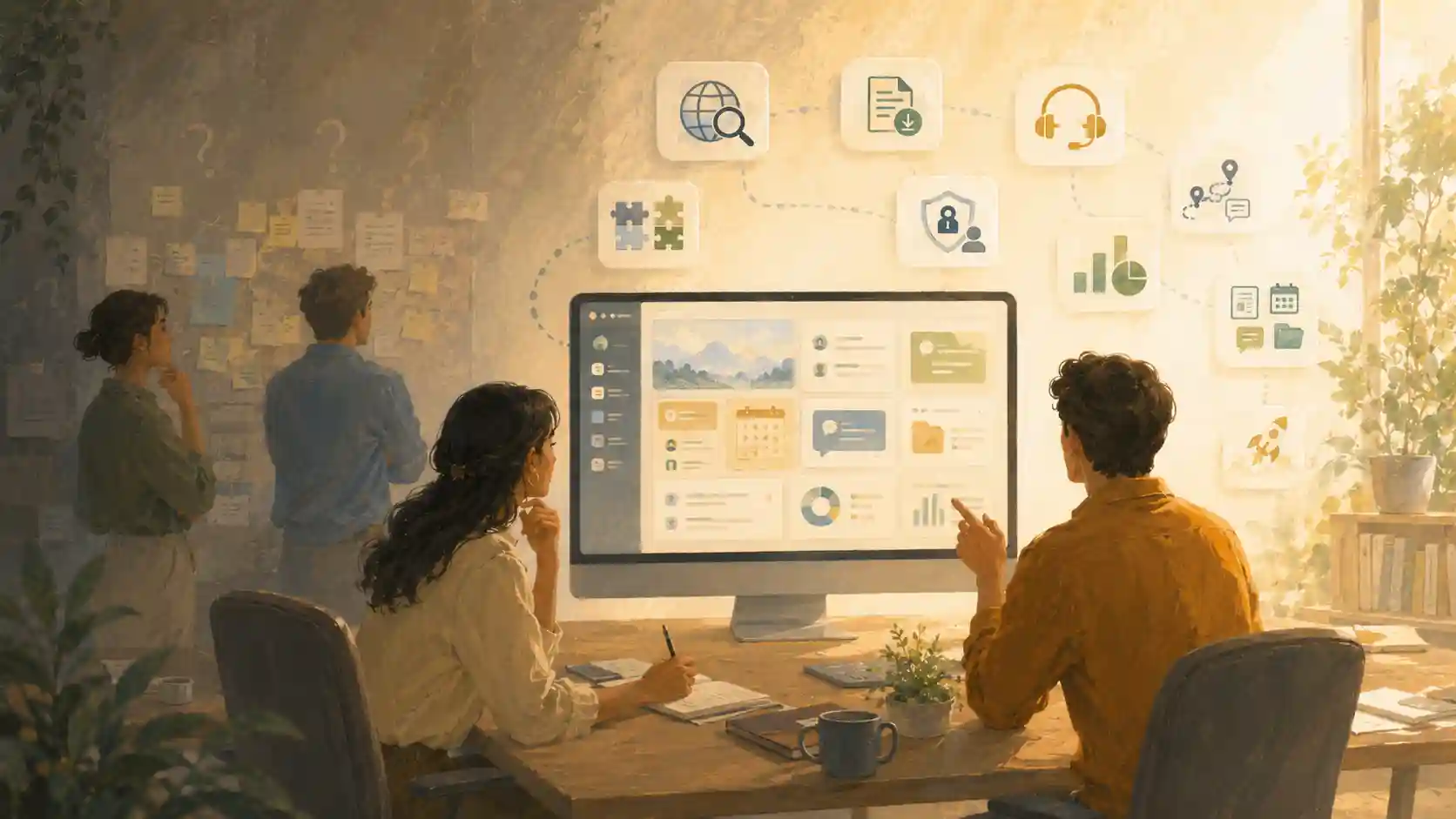 A watercolor B2B SaaS community platform selection dashboard with evaluation icons around a laptop screen