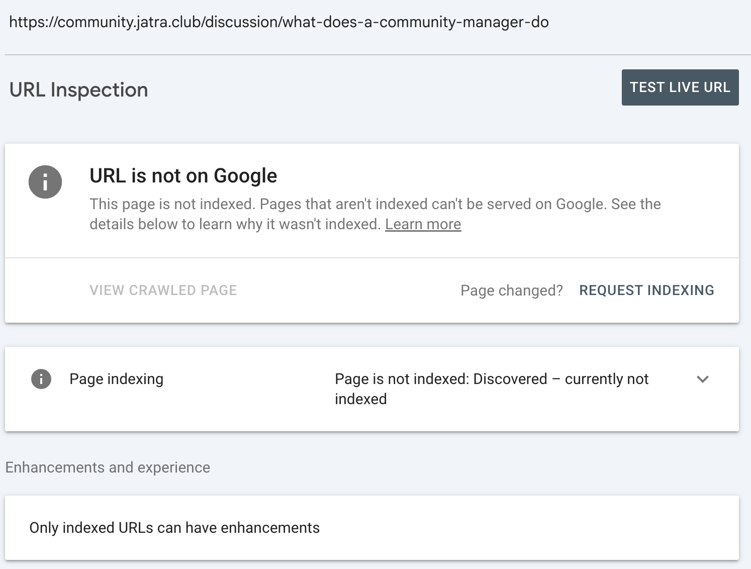 Google Search Console URL Inspection showing a public Jatra discussion as discovered but currently not indexed