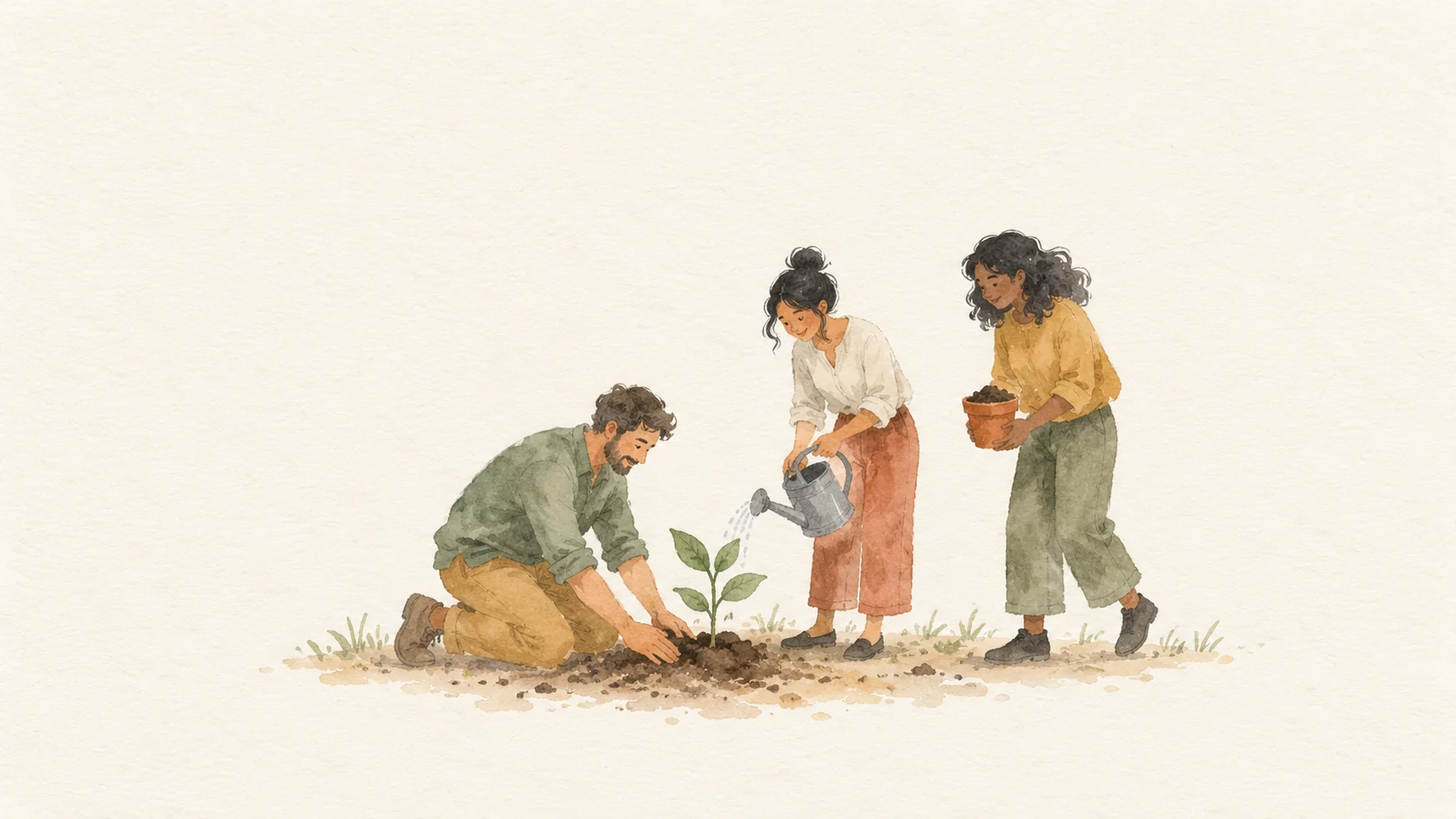Three people planting and watering a small seedling, representing the work of starting a community.