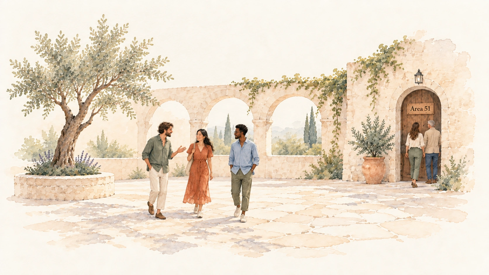 Illustration of an open community courtyard with one invite-only door marked Area 51