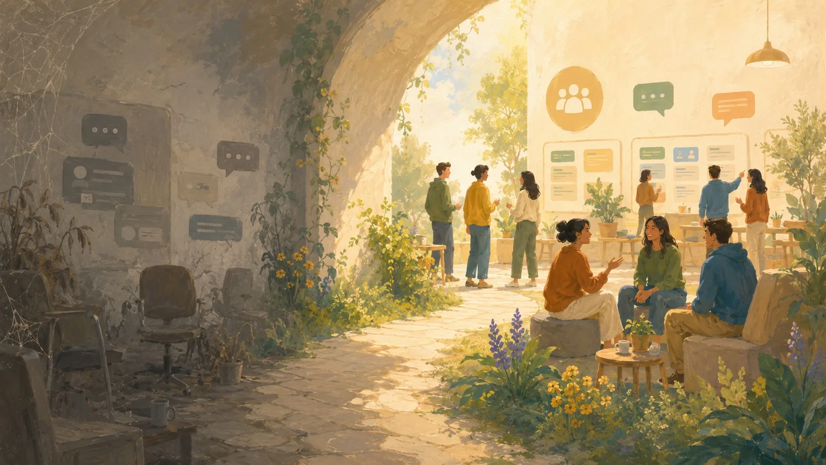 A neglected Slack-style workspace opening into a brighter structured community where members are actively talking and contributing