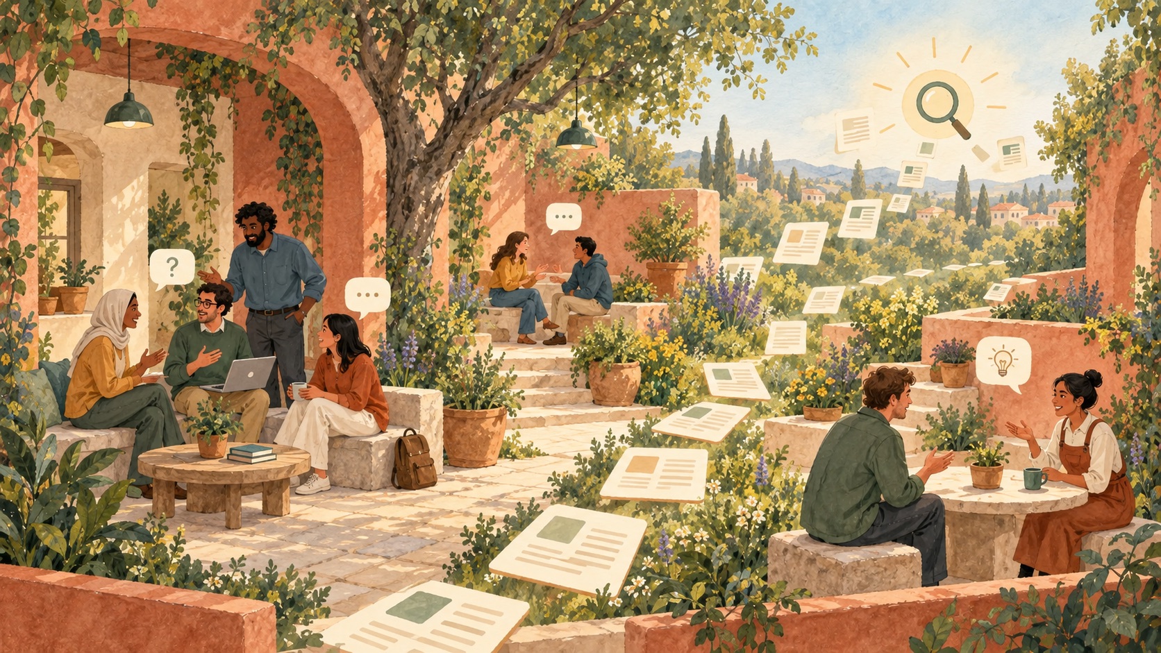 A watercolor community courtyard where public conversations become individual pages that can be discovered through search