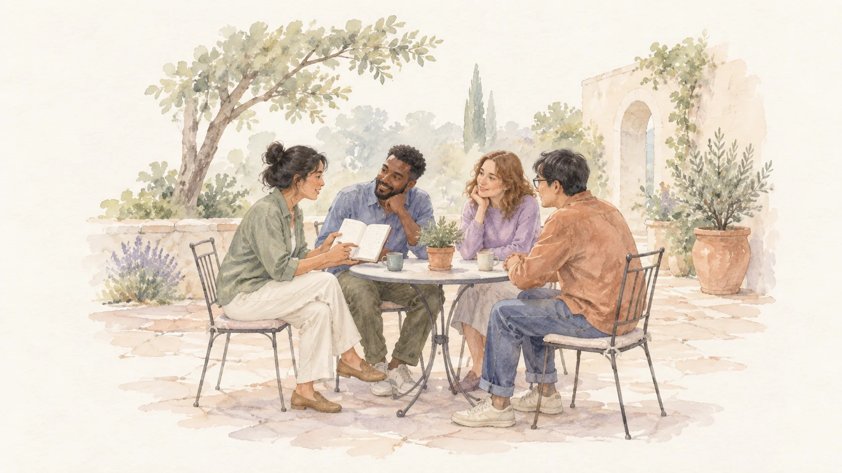 Four people sharing advice around a small round table in a quiet courtyard