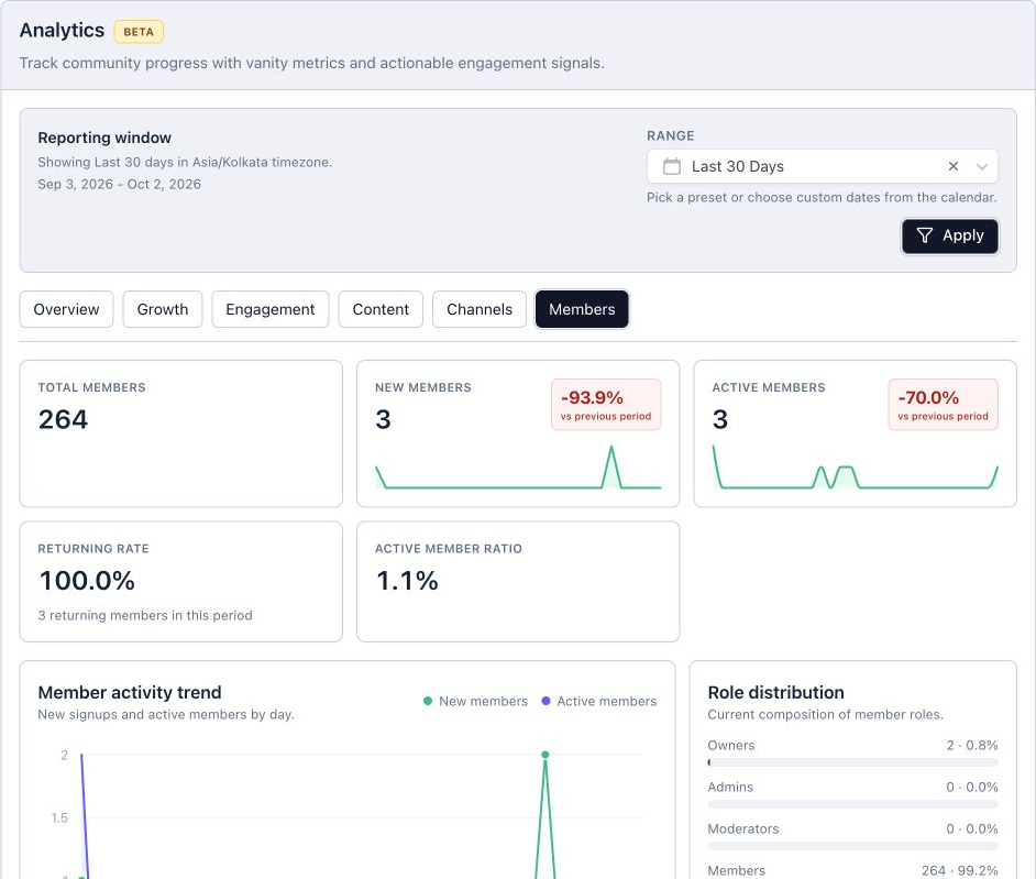 The Analytics Members tab showing the available member activity and contributor insights.
