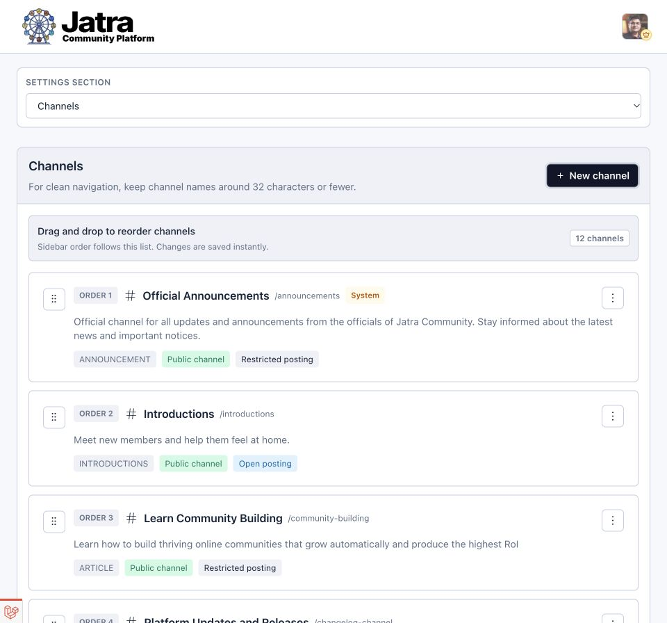 Channel settings showing names, descriptions, content formats and posting rules