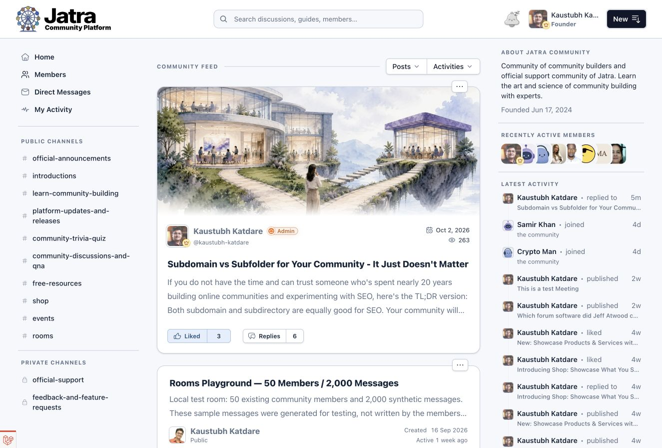 Signed-in Jatra community homepage with its logo, channels, community feed and member activity