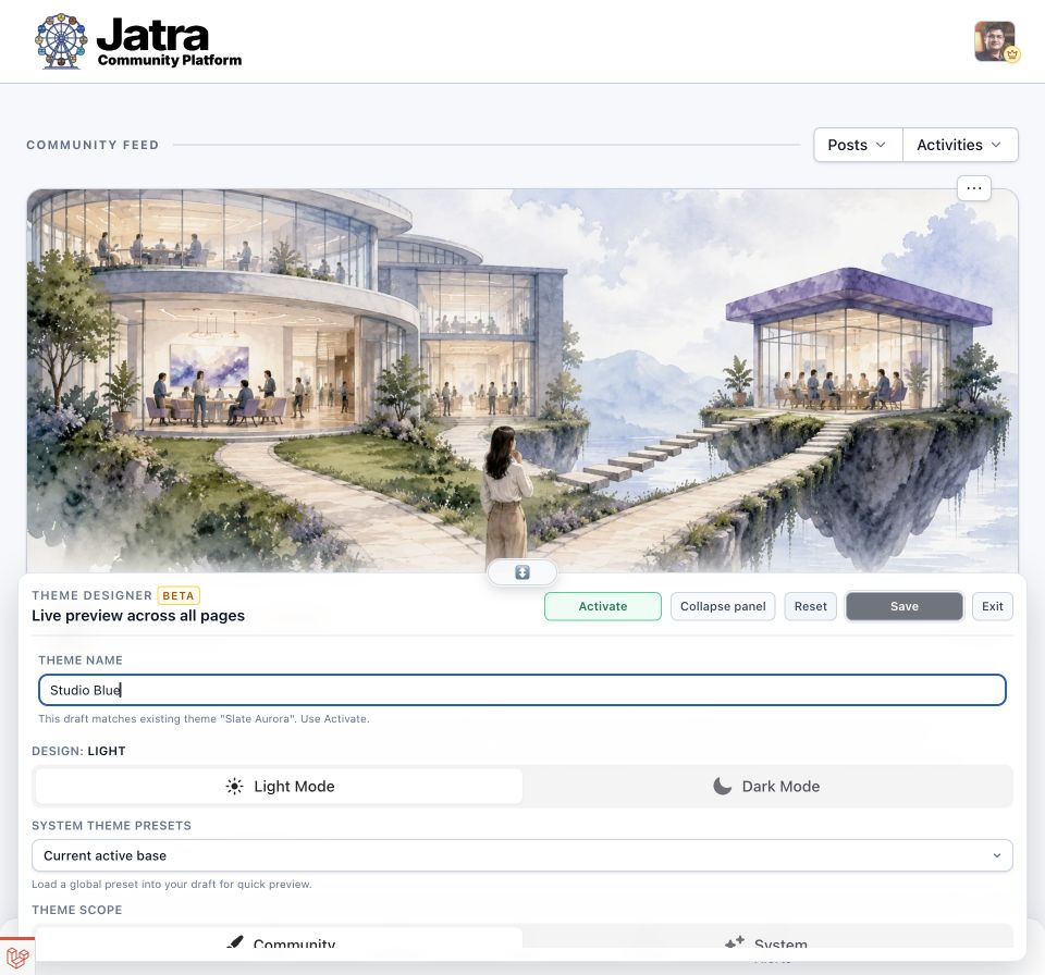 Jatra theme designer in light mode with a live community preview and theme controls
