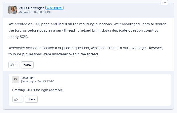 A member reply with a Champion badge, a nested reply and like controls.
