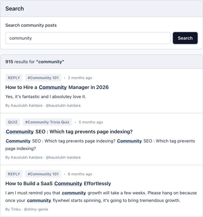 Community search results showing posts and replies with readable snippets, using an actual search query.
