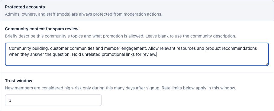 Example community context entered in the real moderation settings, alongside trust-window configuration