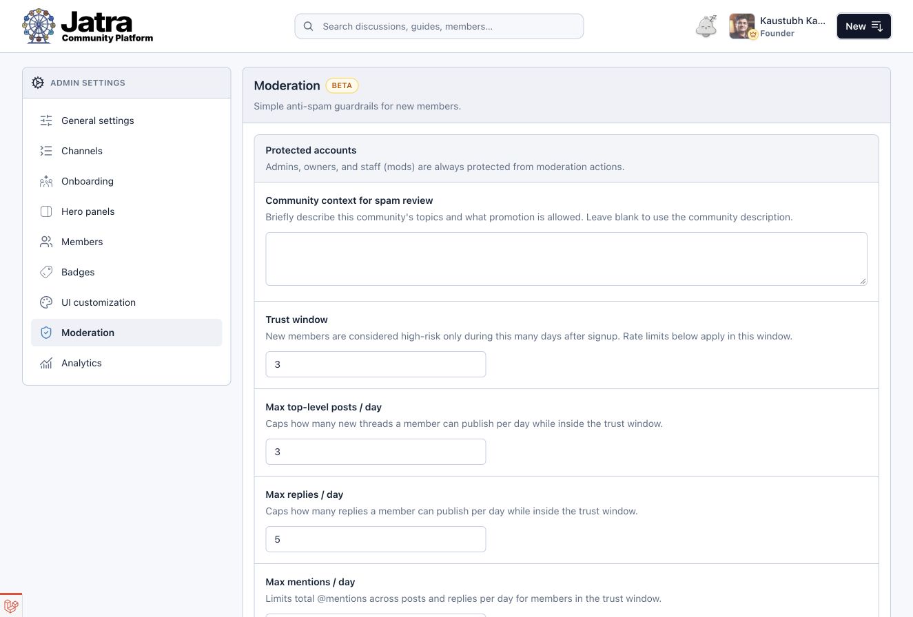 Actual moderation settings with trust-window limits and community screening context